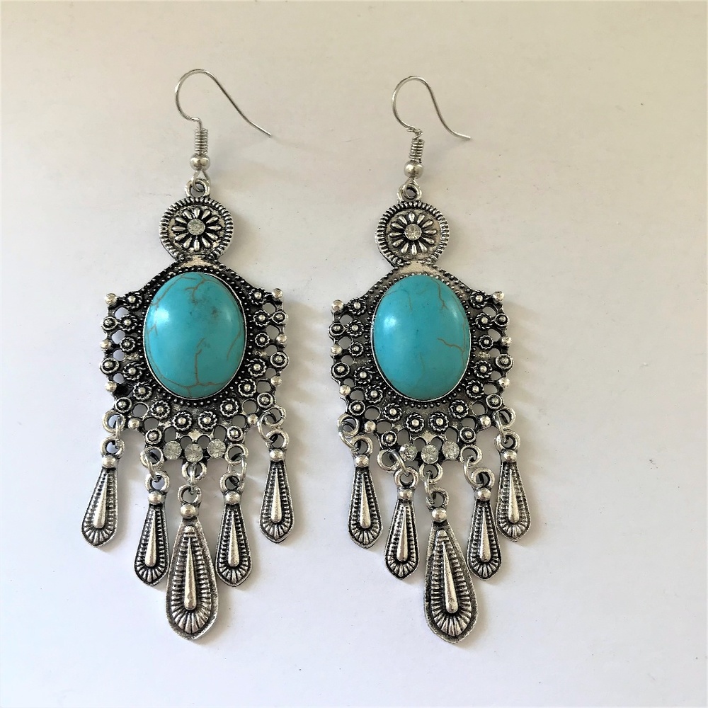 BE1 | Boho Long Turquoise Flower Drop Earrings - Picture 2 of 6